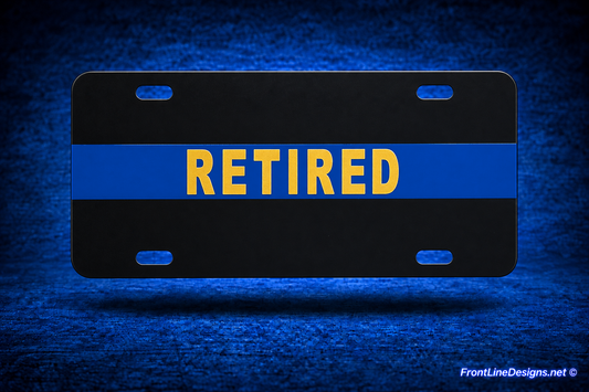 FrontLine license plate on matching blue textured backdrop