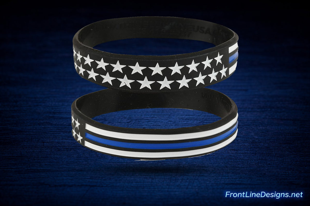 US Flag Blue Line Silicone Bracelet — two views on blue backdrop — FrontLine Designs