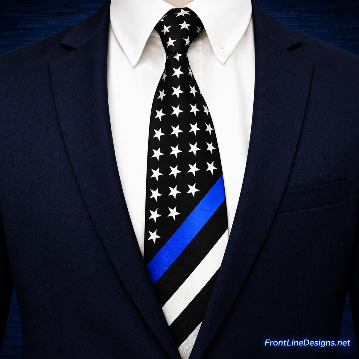 US Flag Blue Line necktie worn with navy suit – FrontLine Designs