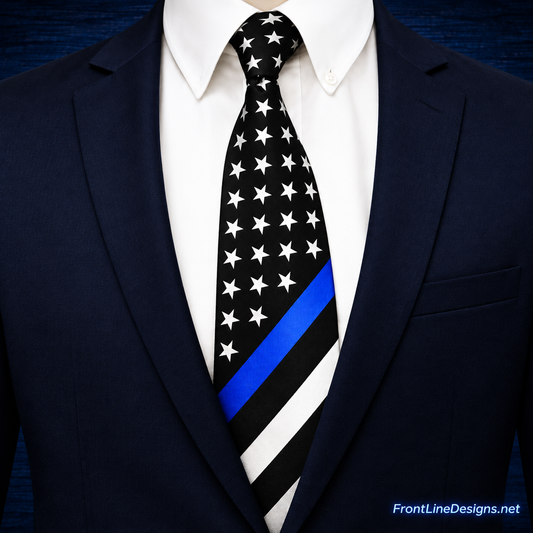 US Flag Blue Line necktie worn with navy suit – FrontLine Designs