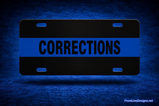 Blue Line License Plate - Corrections example — blue wraparound stripe and original see-through mounting slots — FrontLine Designs