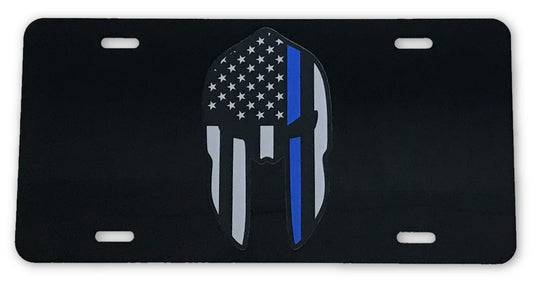 Spartan US Flag Blue Line License Plate - FrontLine Designs, LLC 