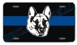 Blue Line Reflective Grey Dog Head License Plate-FrontLine Designs, LLC