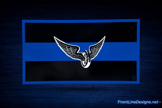 Blue Line Motorcycle Reflective Decal on matching textured background