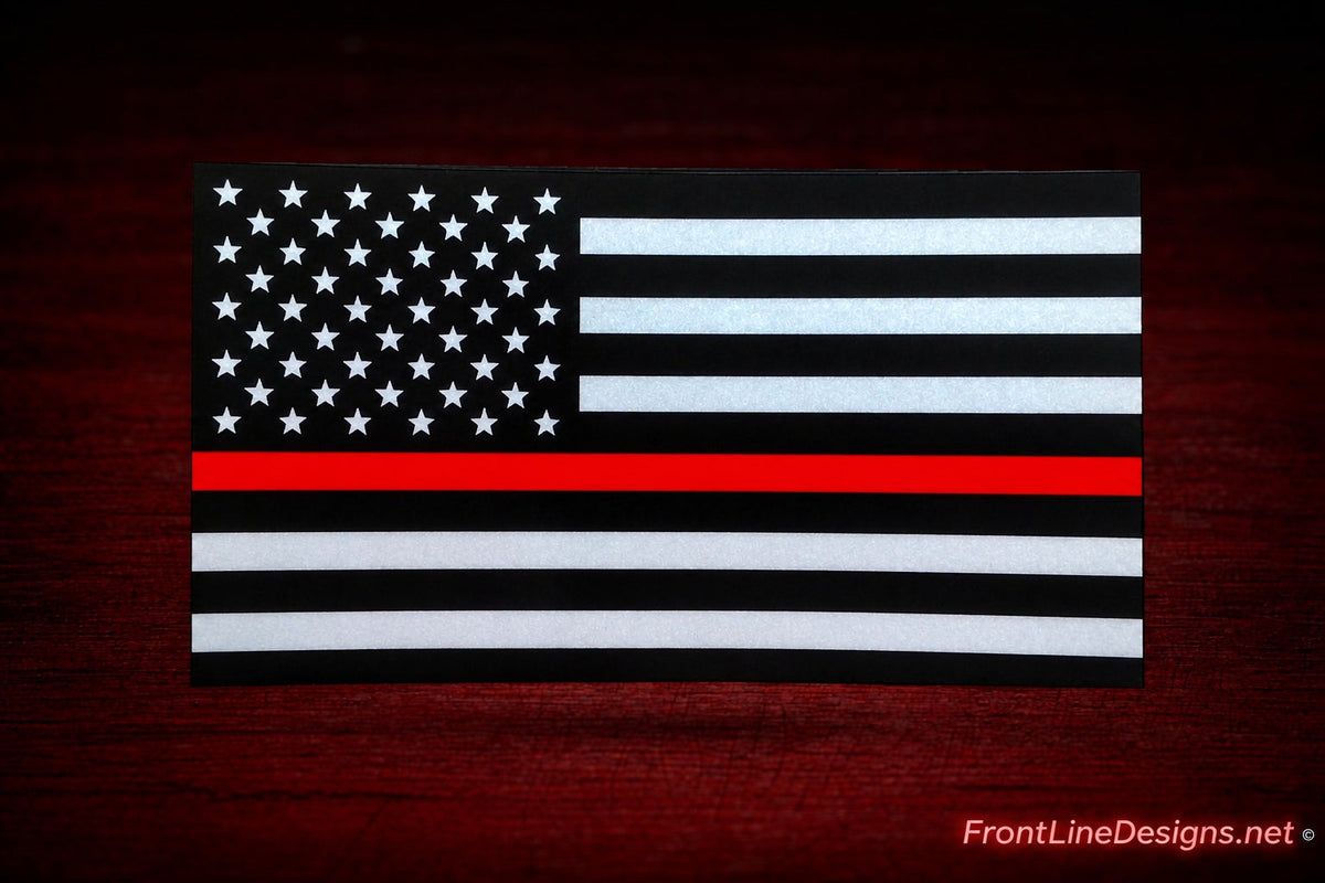 Red Line US Flag Reflective Decal on red textured background