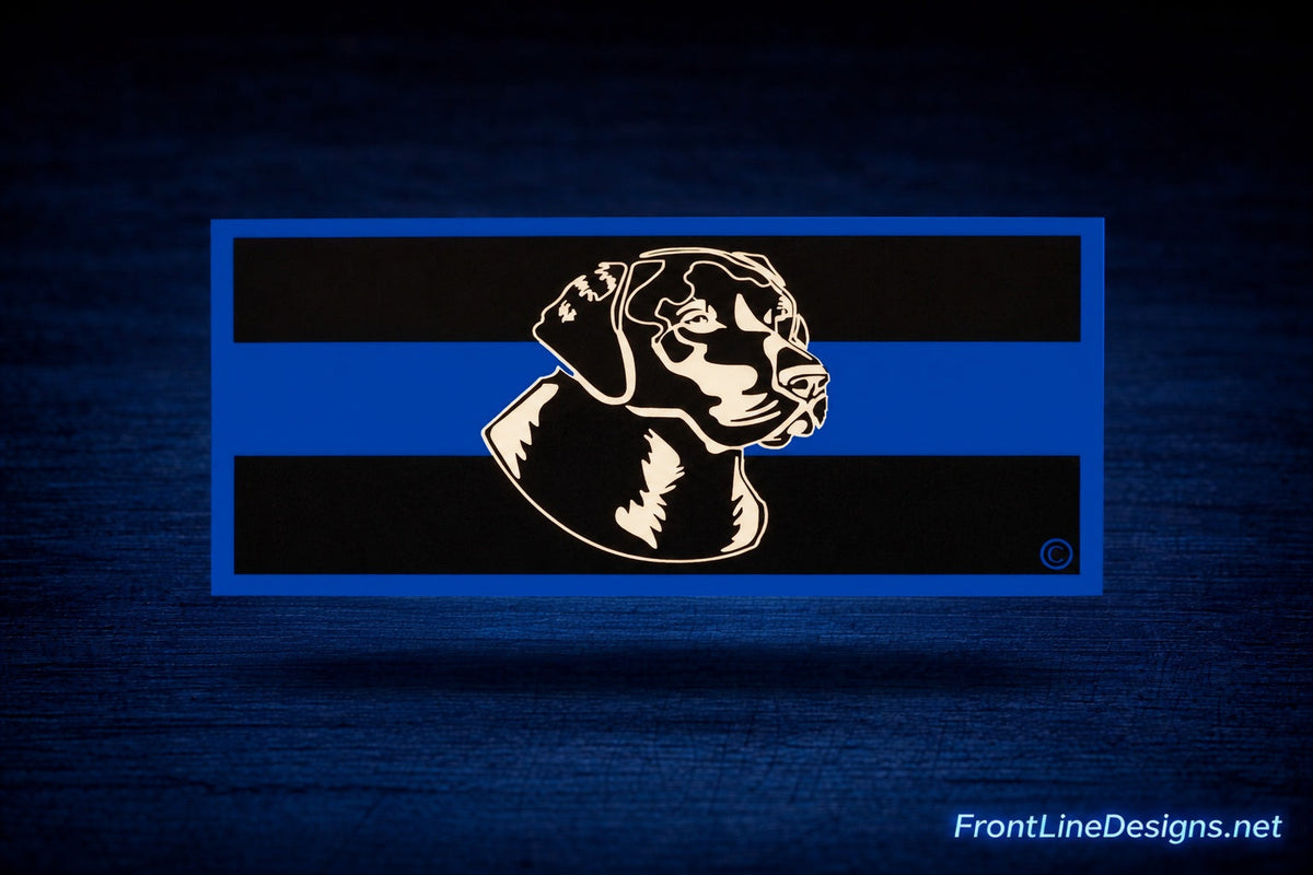 Blue Line Labrador Dog Head Decal floating above matching blue textured background