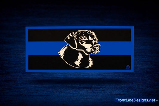 Blue Line Labrador Dog Head Decal floating above matching blue textured background