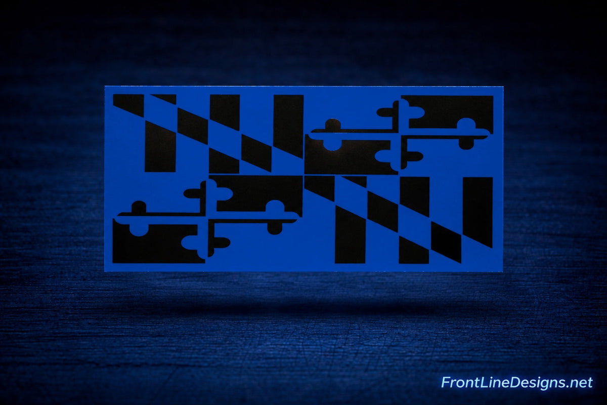 Maryland Blue Line Reflective Decal floating above matching blue textured background