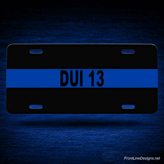 Car Number or Radio Number Blue Line License Plate — floating presentation on blue textured backdrop