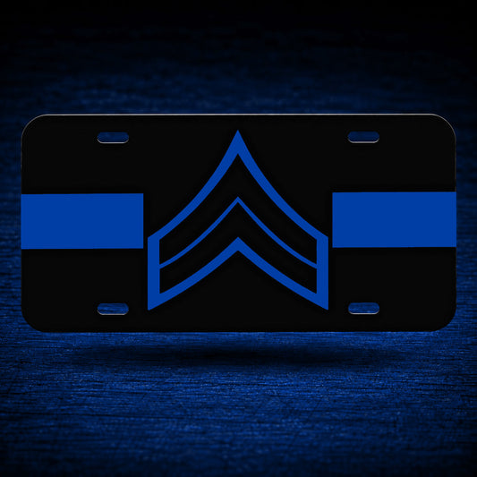 Corporal License Plate — floating product on blue textured backdrop
