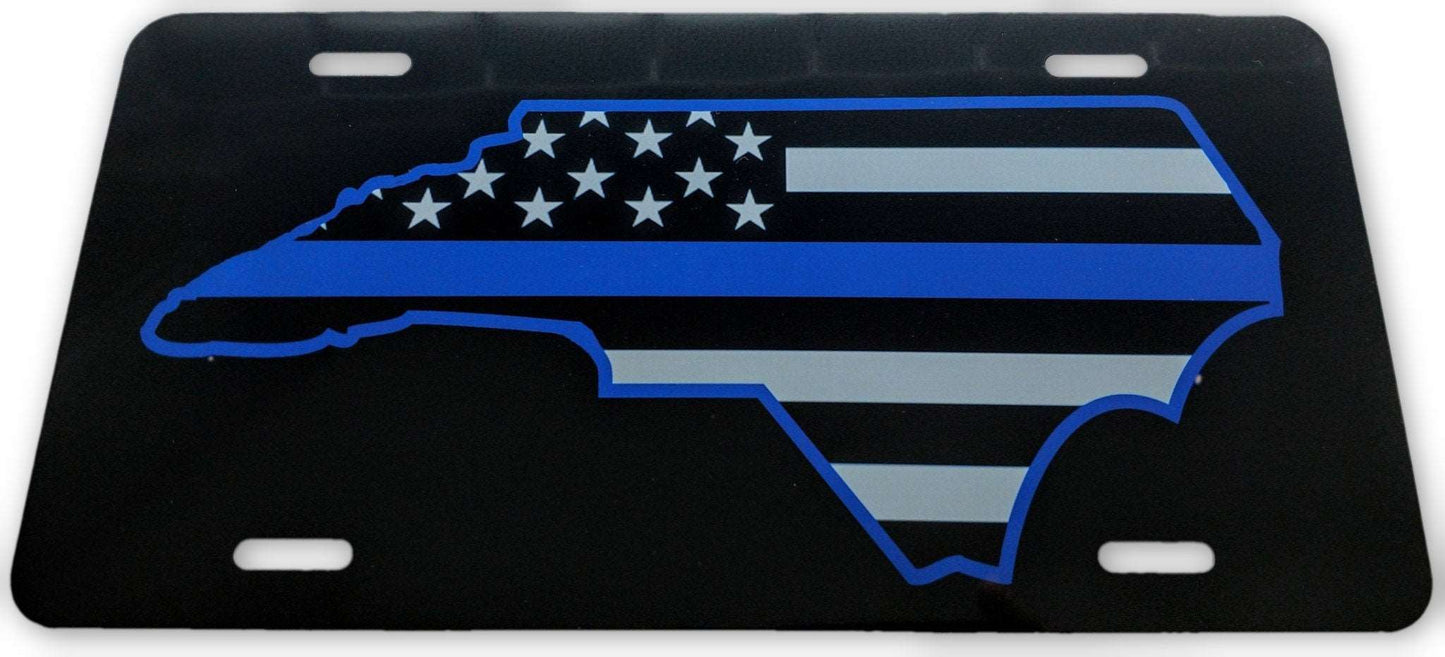 North Carolina State US Flag Blue Line License Plate - FrontLine Designs, LLC 