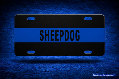 Blue Line License Plate - Sheepdog example — blue wraparound stripe and original see-through mounting slots — FrontLine Designs