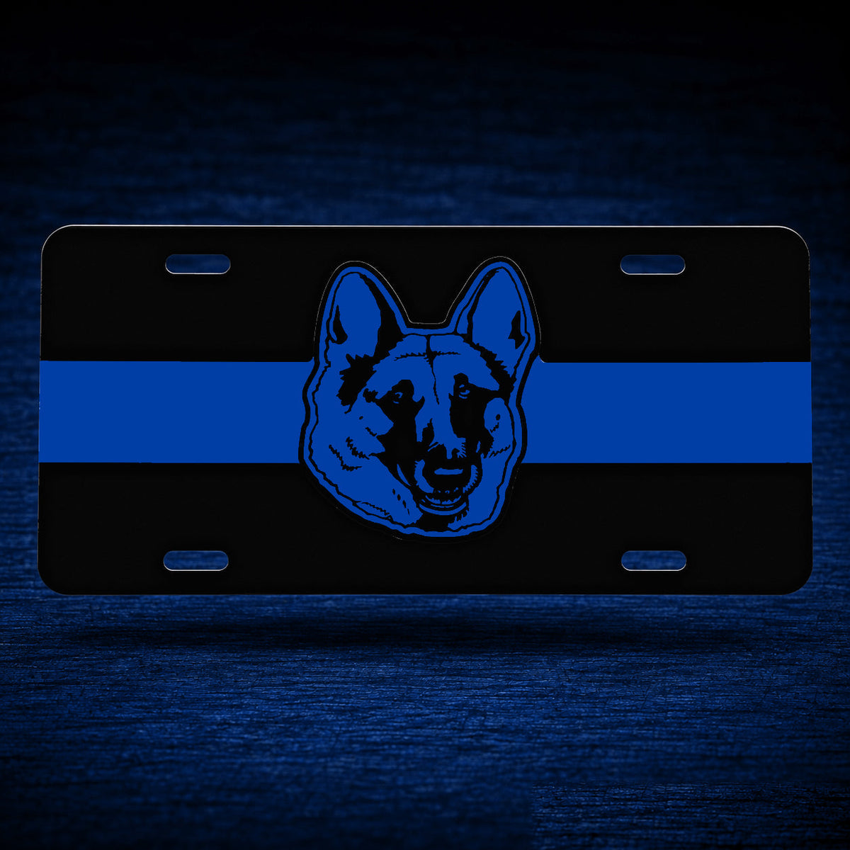 Blue Line Reflective Blue Dog Head License Plate — floating product on blue textured backdrop