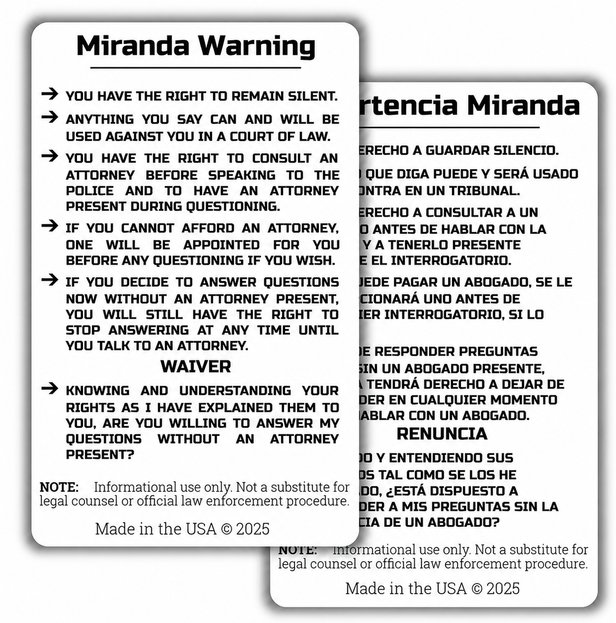 Miranda Warning Card - Bilingual English/Spanish-FrontLine Designs, LLC 