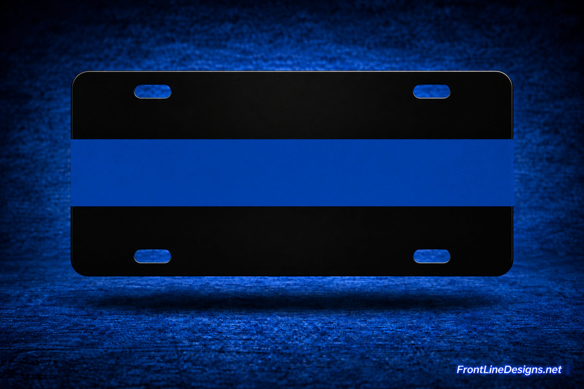 Blue Line License Plate - blank — blue wraparound stripe and original see-through mounting slots — FrontLine Designs