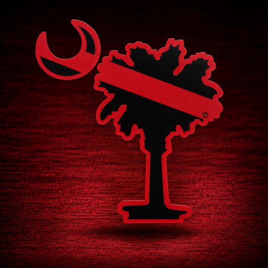 Red Line Palmetto Tree Decal (BOGO) — floating product on red textured backdrop