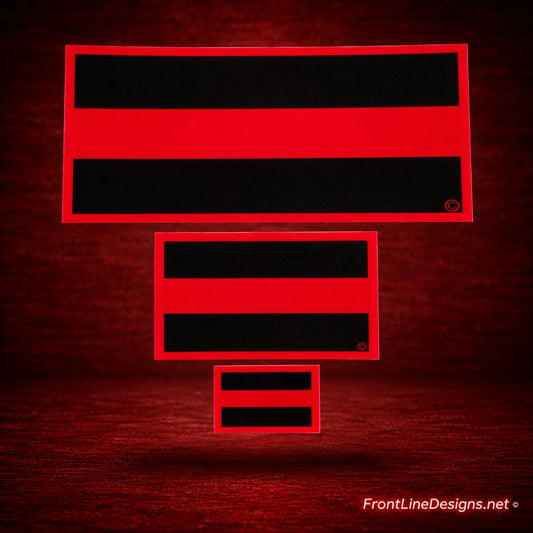 Red Line reflective decals, three-size comparison, on matching red textured background — replacement preview for approval