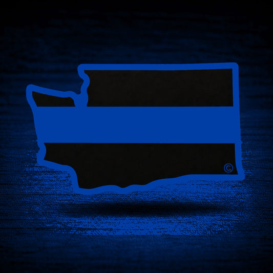 Washington State Blue Line Decal — floating product on blue textured backdrop