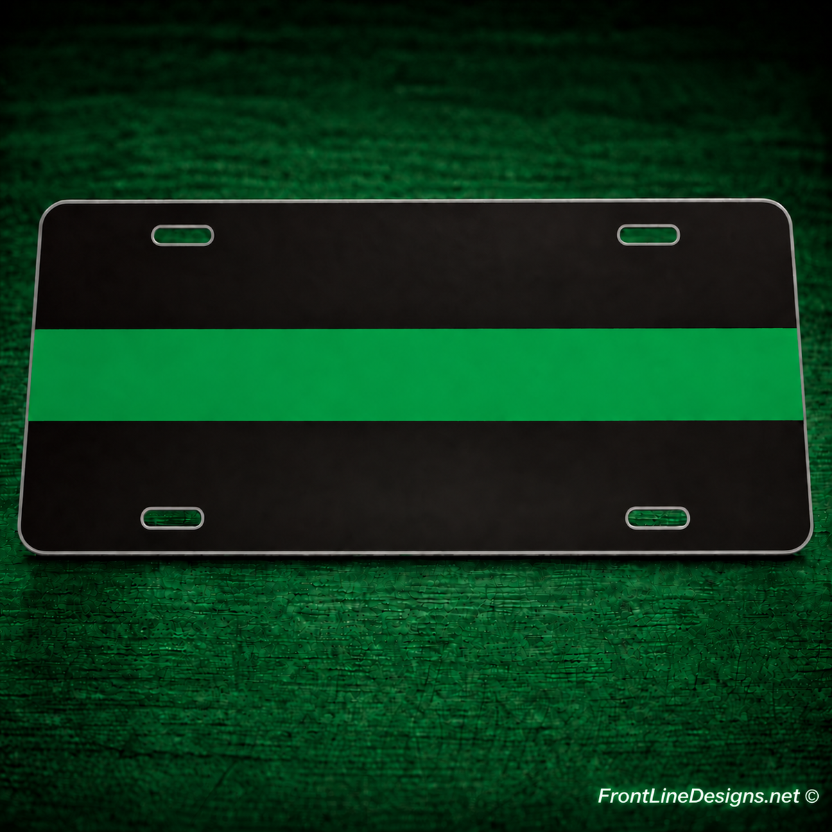 Custom reflective Green Line aluminum license plate on matching green textured backdrop