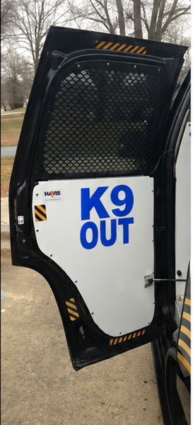 K9 Bail-Out Door Notice — English Aerial Black Blue Reflective