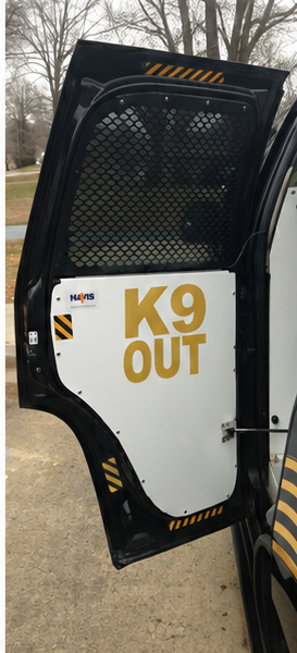 K9 Bail-Out Door Notice — English Aerial Black Gold Reflective