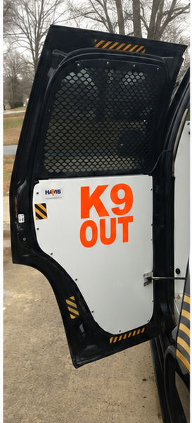 K9 Bail-Out Door Notice — English Aerial Black Orange Reflective
