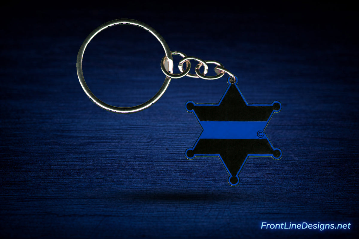 6-Point Sheriff's Badge Blue Line Keychain — floating product preview