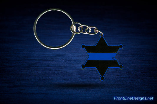 6-Point Sheriff's Badge Blue Line Keychain — floating product preview