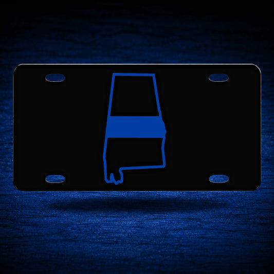 Alabama State Blue Line License Plate — floating product on blue textured backdrop