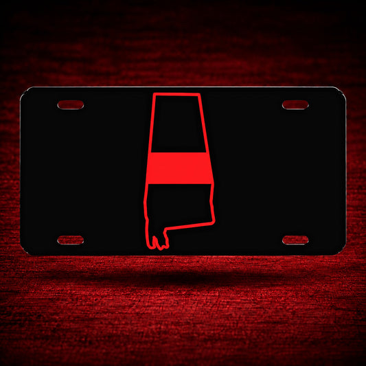 Alabama State Red Line License Plate — floating product on red textured backdrop