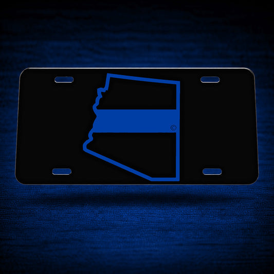 Arizona State Blue Line License Plate — floating product on blue textured backdrop