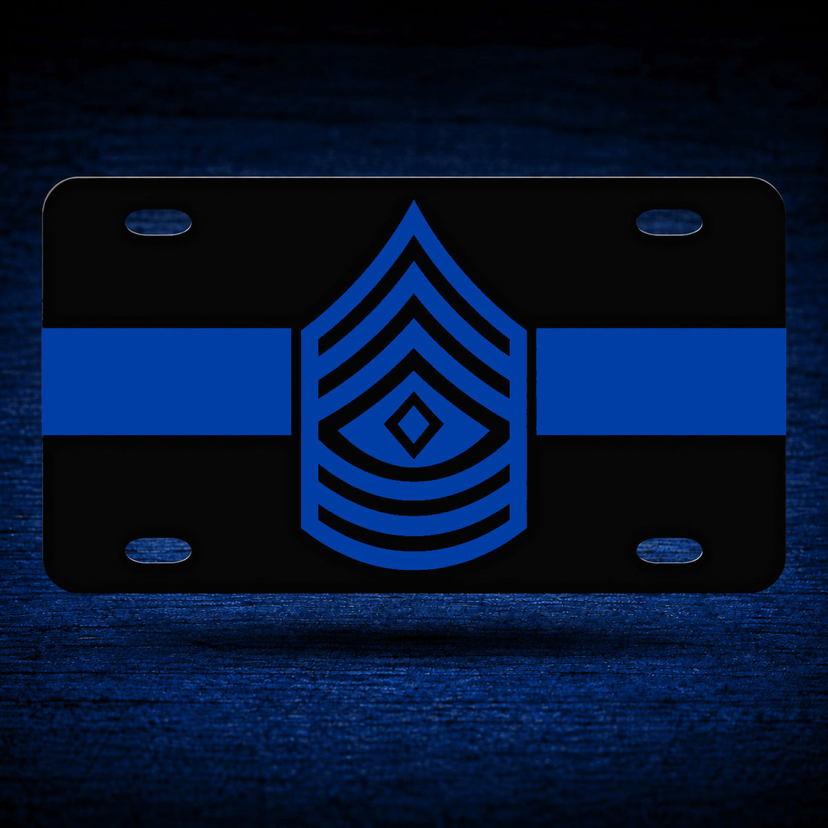 Blue Line 1st Sergeant License Plate — floating product on blue textured backdrop