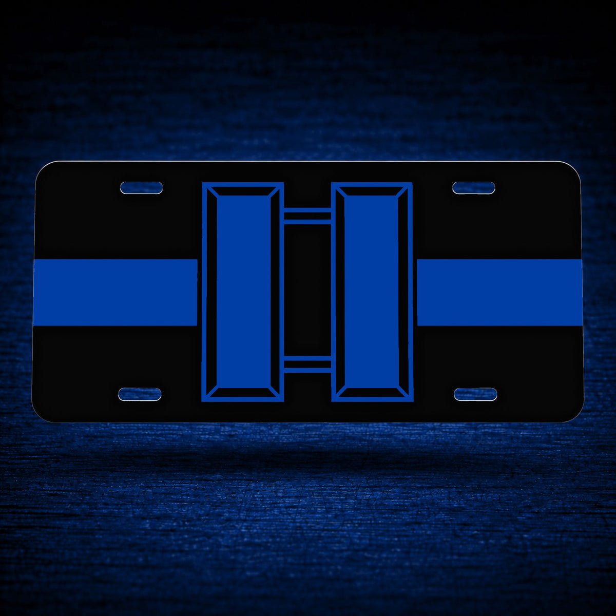 Blue Line Captain License Plate — floating product on blue textured backdrop