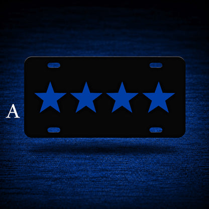 Blue Line Chief License Plate — floating product on blue textured backdrop