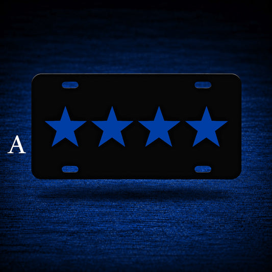 Blue Line Chief License Plate — floating product on blue textured backdrop