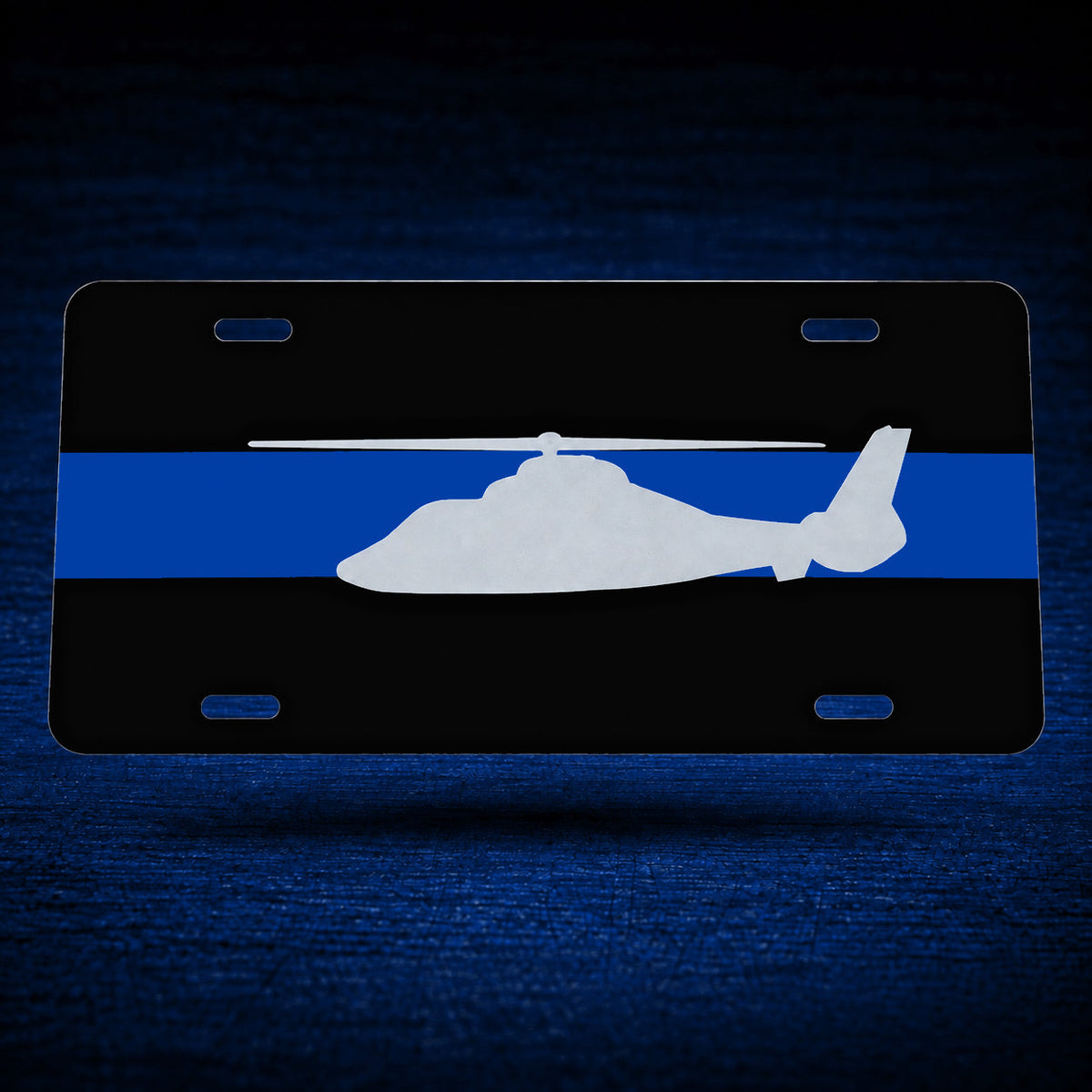Blue Line Helicopter License Plate — floating product on blue textured backdrop