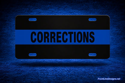 Blue Line License Plate - Corrections example — blue wraparound stripe and original see-through mounting slots — FrontLine Designs
