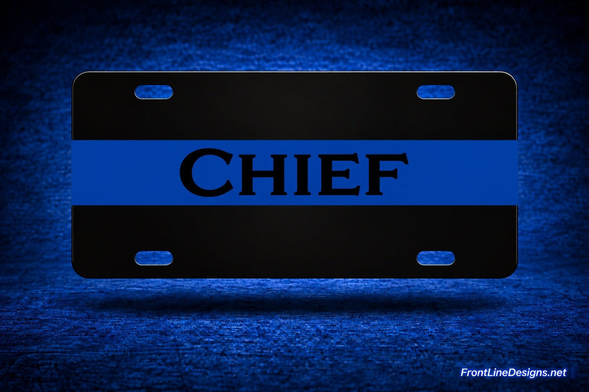 Blue Line License Plate - Chief example — blue wraparound stripe and original see-through mounting slots — FrontLine Designs