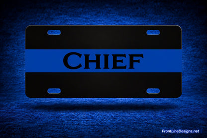 Blue Line License Plate - Chief example — blue wraparound stripe and original see-through mounting slots — FrontLine Designs