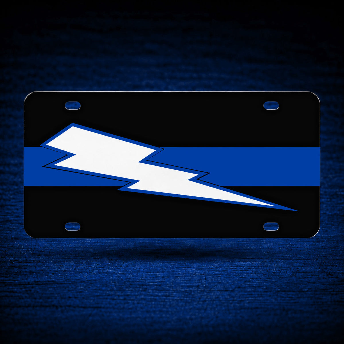 Blue Line Lightning Bolt Plate — floating product on blue textured backdrop