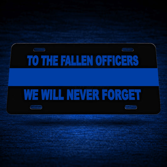 Blue Line "Never Forget" License Plate — floating product on blue textured backdrop