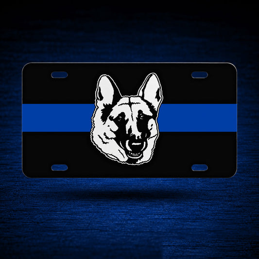 Blue Line Reflective Grey Dog Head License Plate — floating product on blue textured backdrop