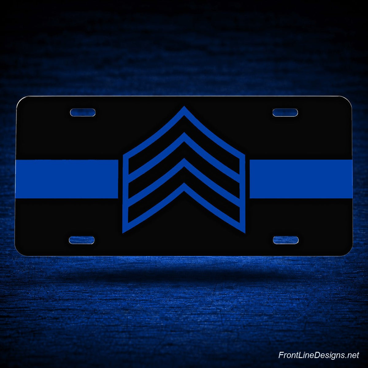 Blue Line Sergeant License Plate — floating presentation on blue textured backdrop