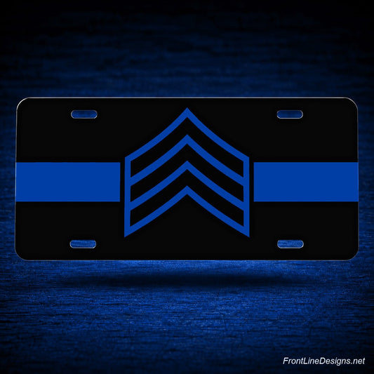 Blue Line Sergeant License Plate — floating presentation on blue textured backdrop