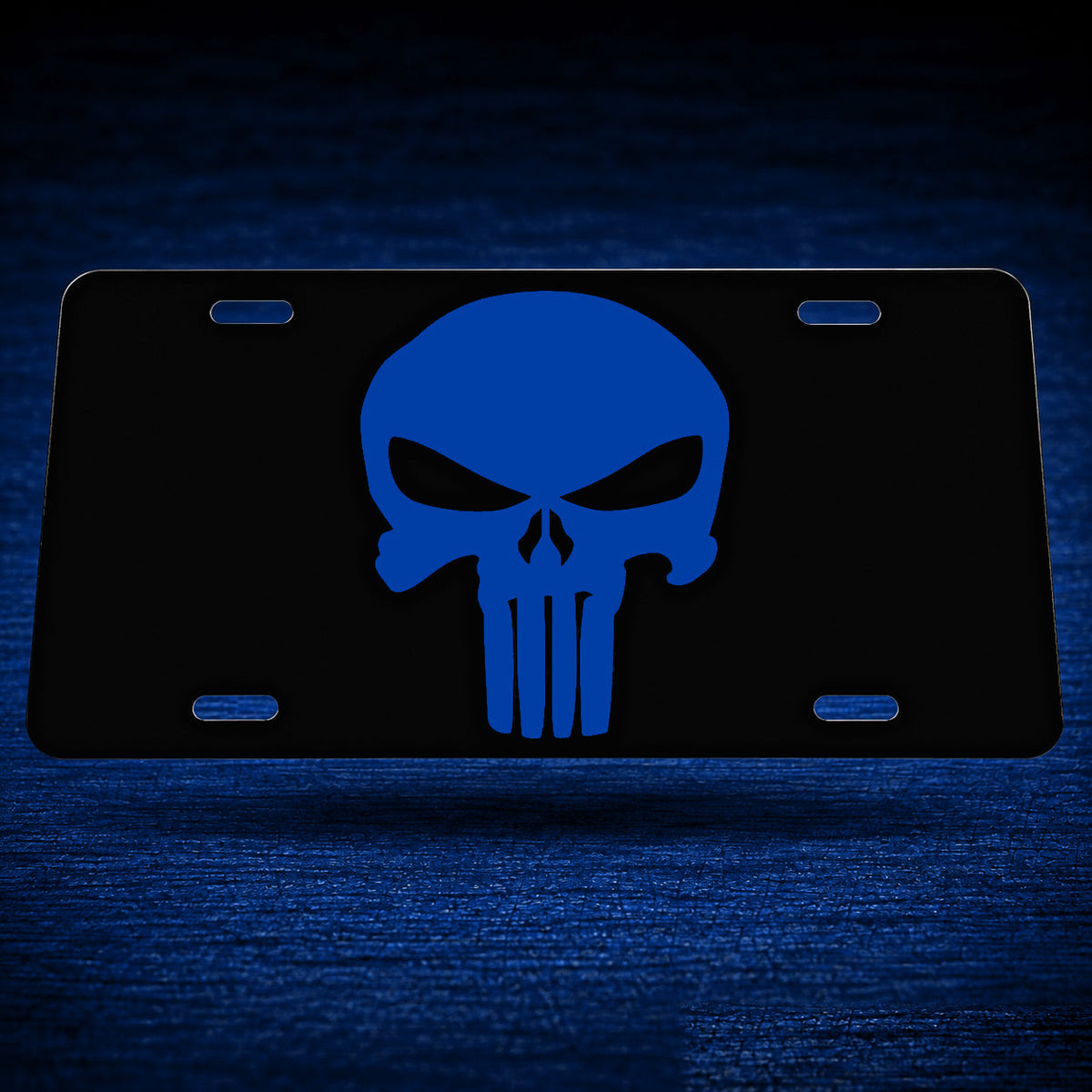 Defender License Plate — floating product on blue textured backdrop