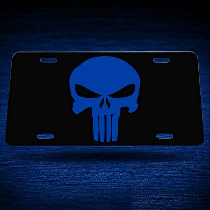 Defender License Plate — floating product on blue textured backdrop