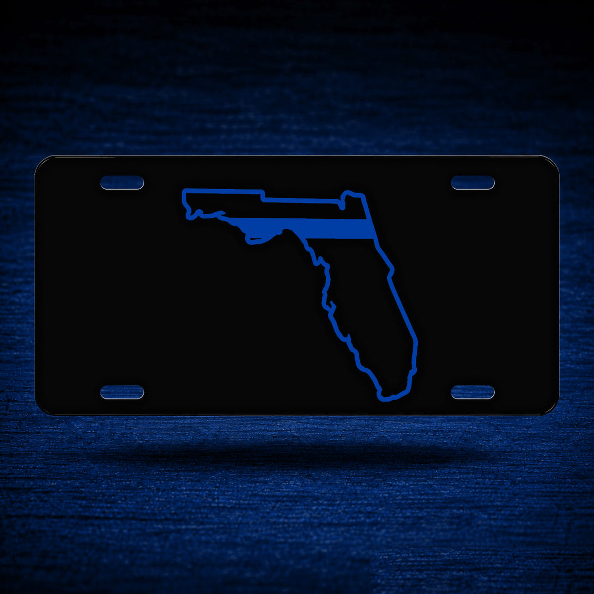Florida State Blue Line License Plate — floating product on blue textured backdrop