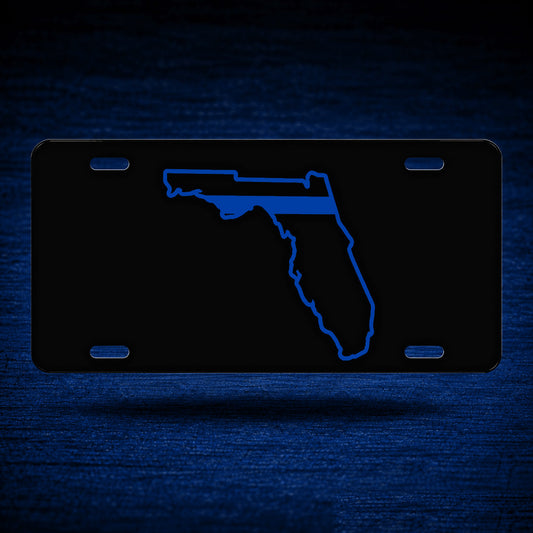 Florida State Blue Line License Plate — floating product on blue textured backdrop