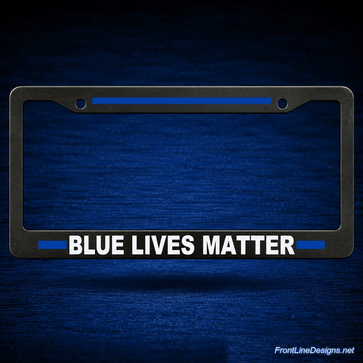 Blue Line "Blue Lives Matter" Plate Holder — floating presentation on blue textured backdrop