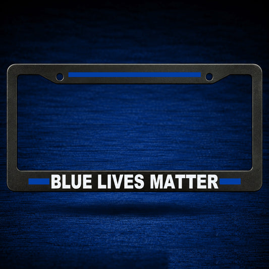 Blue Line "Blue Lives Matter" Plate Holder — floating presentation on blue textured backdrop
